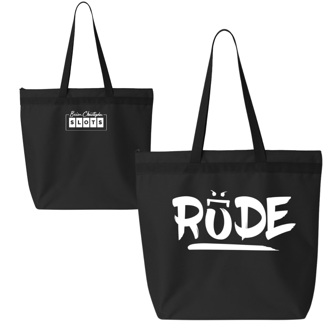 White Rude zipper tote with Brian Christopher Slots logo