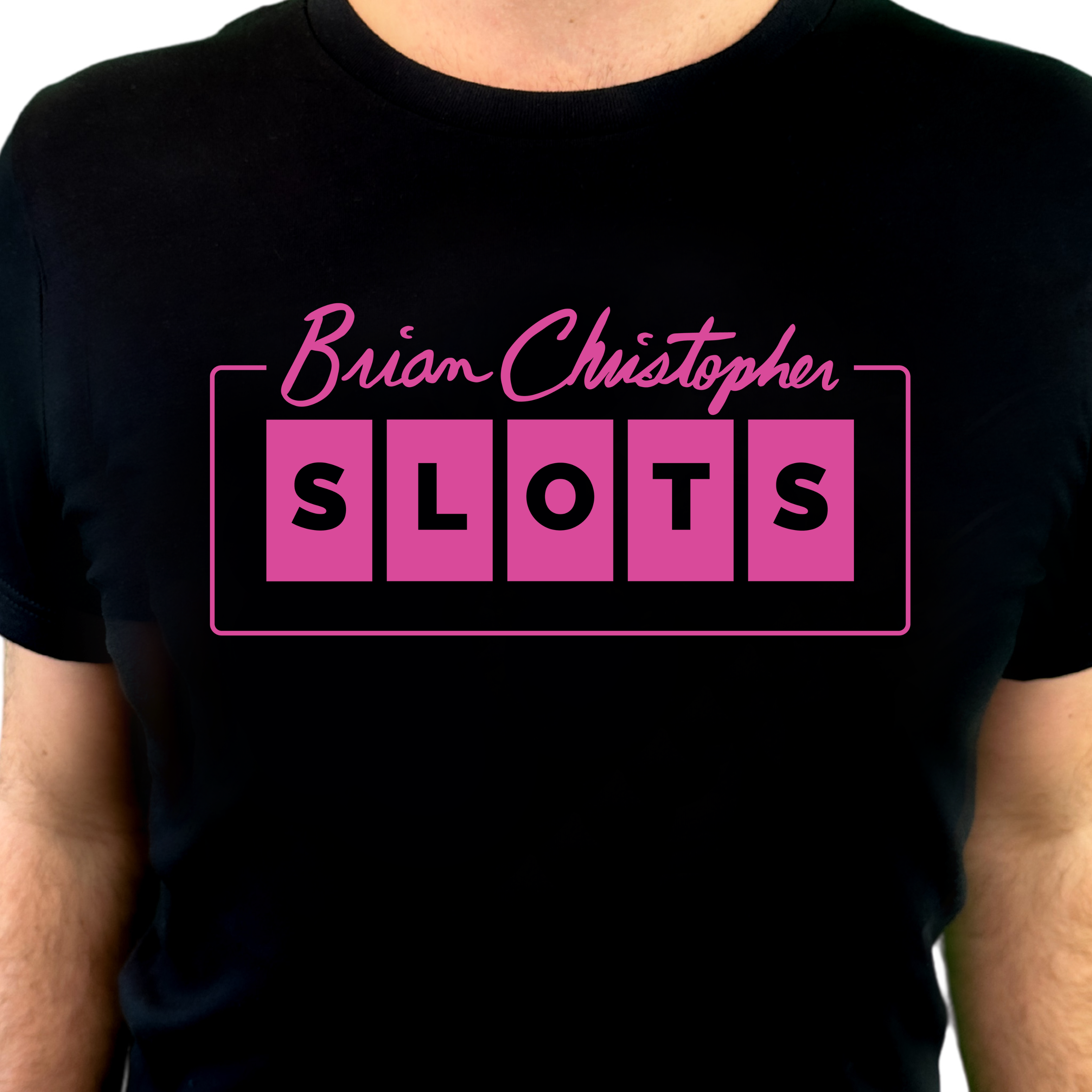 Brian Christopher Slots pink logo on front black crew neck T-shirt