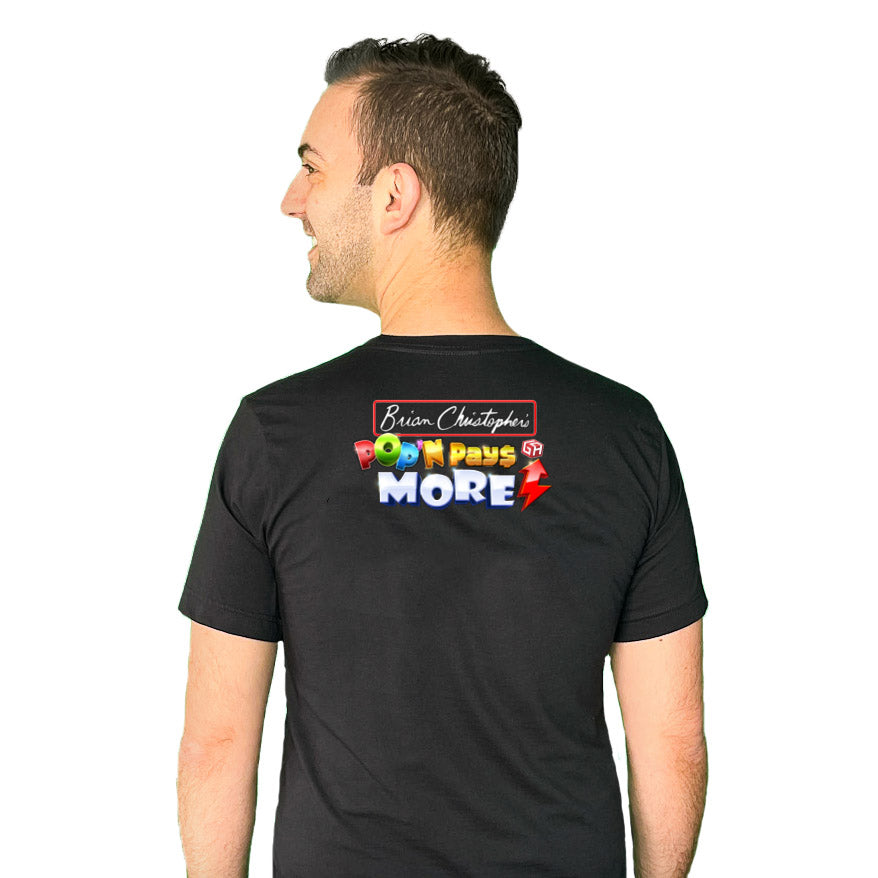 Caricature T-shirt back with Brian Christopher's Pop'N Pays More logo