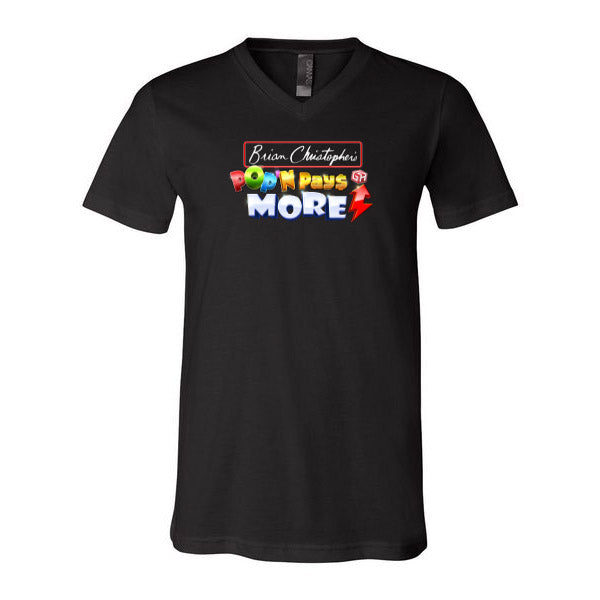 Brian Christopher's Pop"N Pays More logo V-neck T-shirt front