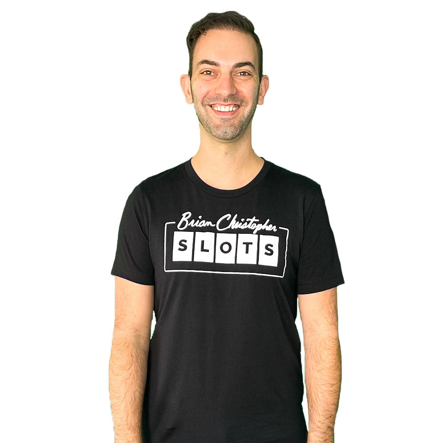 Brian Christopher Slots white logo on front black crew neck T-shirt