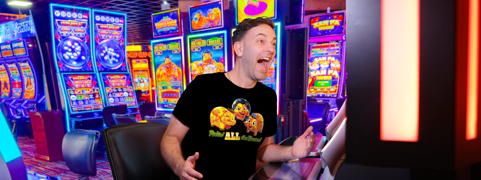 Rakin' Bacon slot machine themed T-shirts