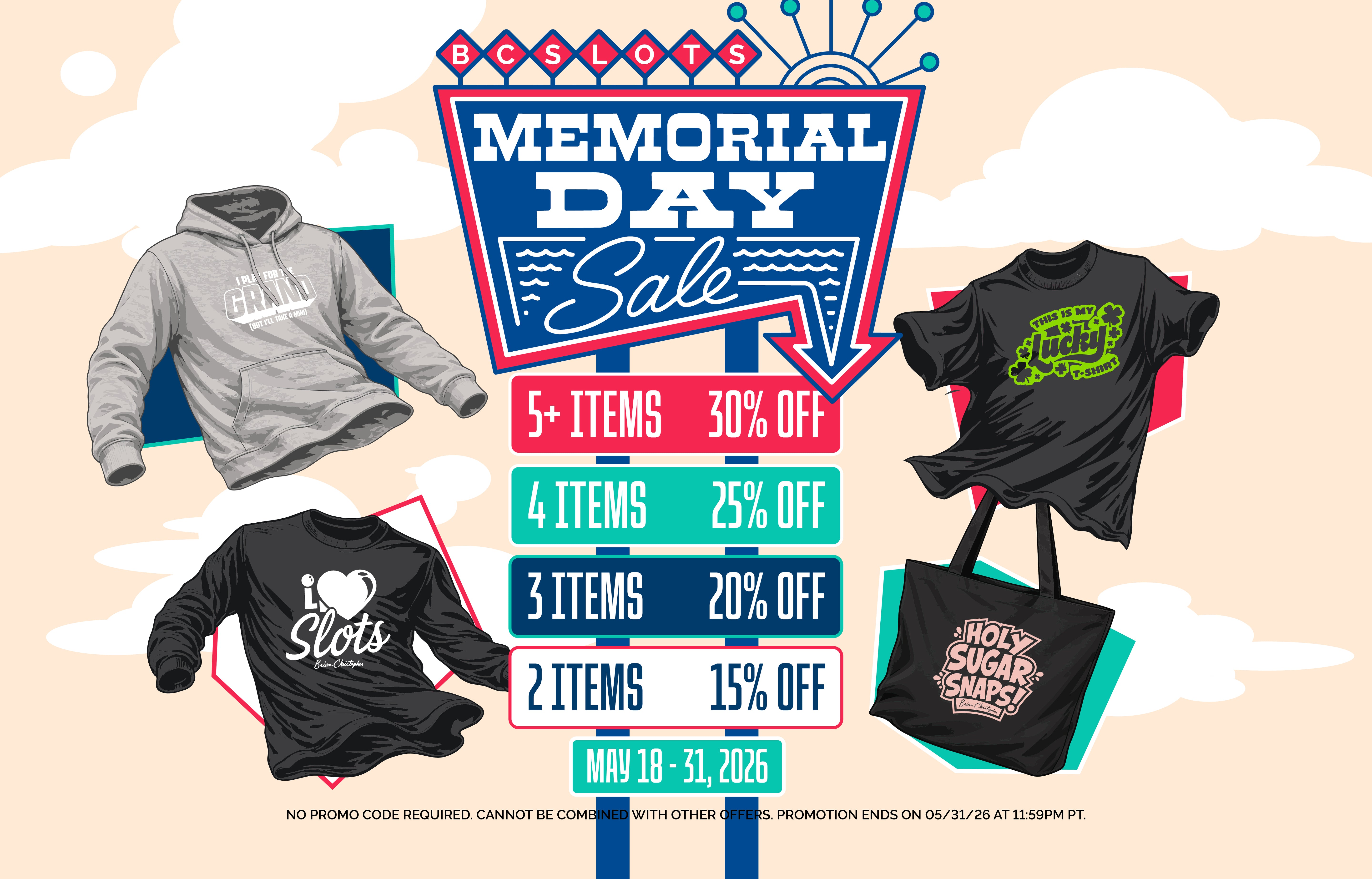 Buy 2 Items get 15% Off, 3 Items get 20% Off, 4 Items get 25% Off, and 5+ Items get 30% Off. Promotion ends on 5/31/26 at 11:59pm PT. 