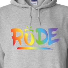 Load image into Gallery viewer, Brian Christopher Slots Rainbow Pride RUDE Pullover Hoodie Logo Close Up

