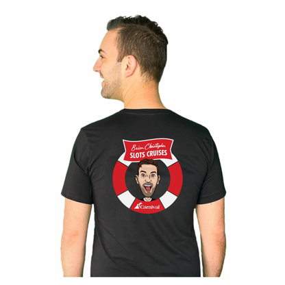 Brian Christopher Slots Cruises V-neck T-shirt back with Carnival Cruise Line logo