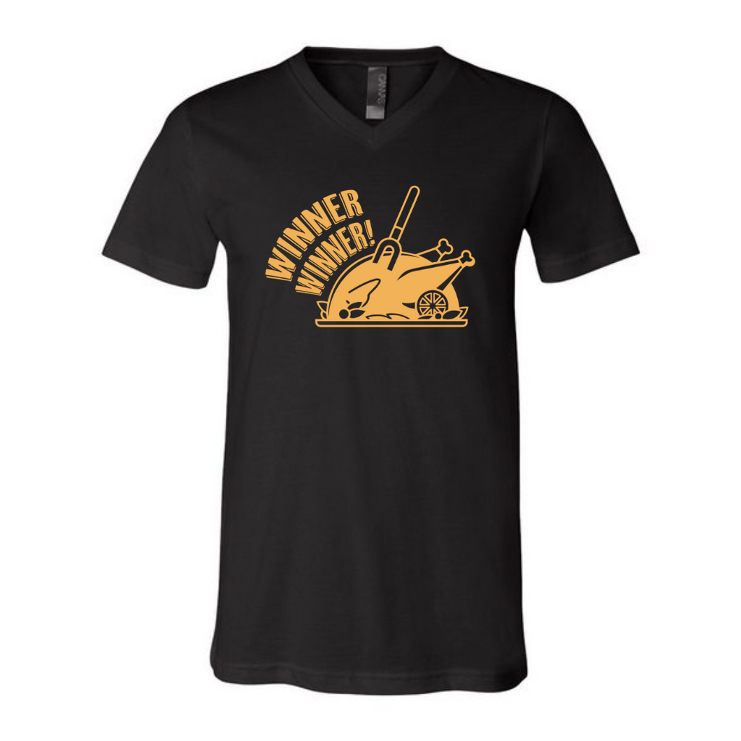 Winner Winner Chicken Dinner logo on black V-neck T-shirt front