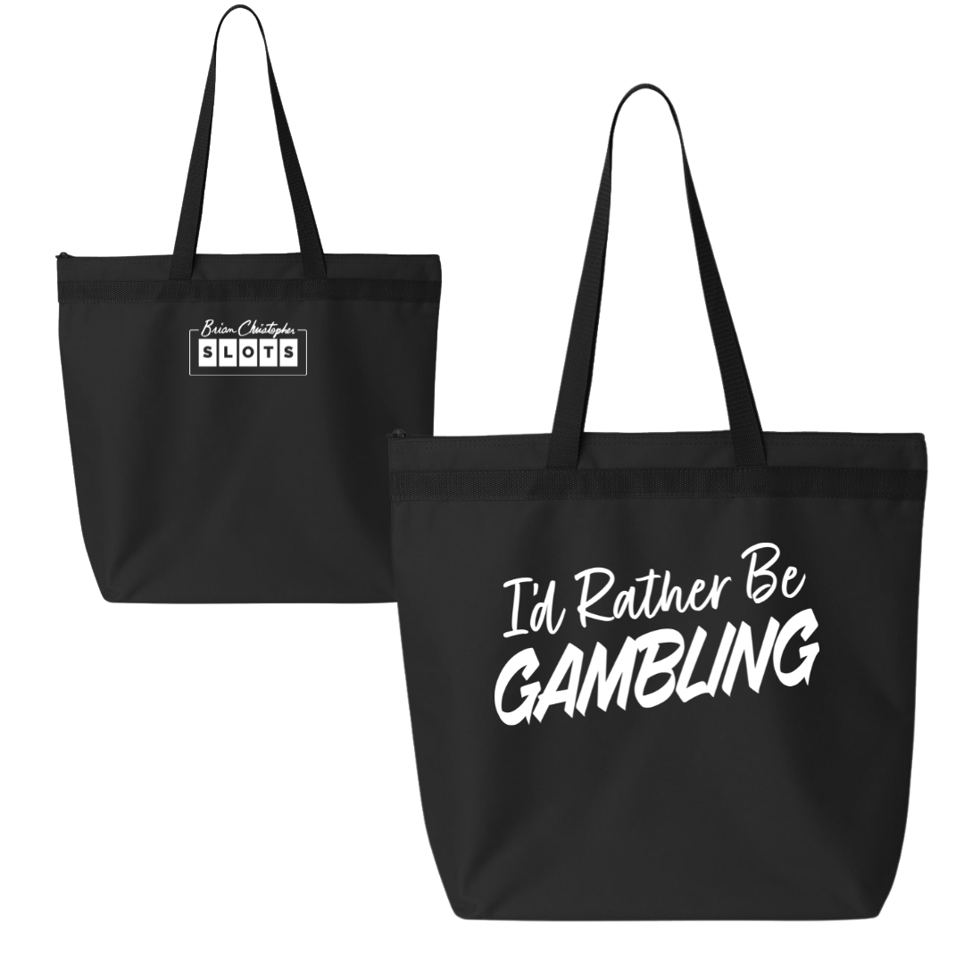White I'd Rather Be Gambling zipper tote with Brian Christopher Slots logo