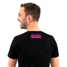 Load image into Gallery viewer, Brian Christopher Lucky pink logo on black crew neck T-shirt back
