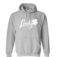 Load image into Gallery viewer, Brian Christopher Lucky white logo gray pullover hoodie front
