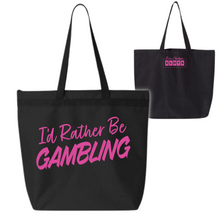 Load image into Gallery viewer, Pink I&#39;d Rather Be Gambling zipper tote with Brian Christopher Slots logo
