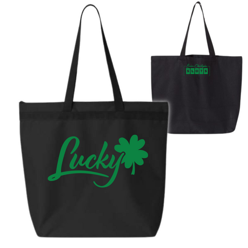 Green Lucky zipper tote with Brian Christopher Slots logo