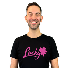 Load image into Gallery viewer, Brian Christopher Lucky pink logo on black crew neck T-shirt front
