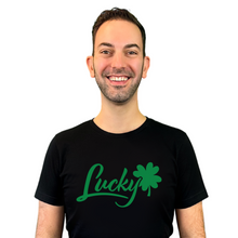 Load image into Gallery viewer, Brian Christopher Lucky green logo on black crew neck T-shirt front
