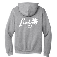 Load image into Gallery viewer, Brian Christopher Lucky white logo gray pullover hoodie back
