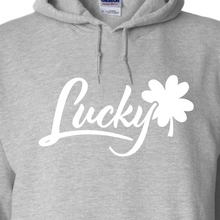 Load image into Gallery viewer, Brian Christopher Lucky white logo gray pullover hoodie close-up

