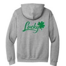 Load image into Gallery viewer, Brian Christopher Lucky green logo gray pullover hoodie back
