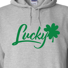 Load image into Gallery viewer, Brian Christopher Lucky green logo gray pullover hoodie close-up
