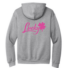 Load image into Gallery viewer, Brian Christopher Lucky pink logo gray pullover hoodie back
