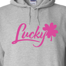 Load image into Gallery viewer, Brian Christopher Lucky pink logo gray pullover hoodie close-up
