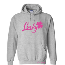 Load image into Gallery viewer, Brian Christopher Lucky pink logo gray pullover hoodie front
