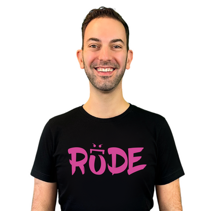 Brian Christopher Rude pink logo on black crew neck T-shirt front