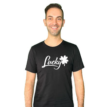 Load image into Gallery viewer, Brian Christopher Lucky white logo on black crew neck T-shirt front
