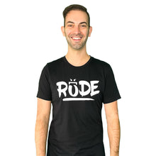Load image into Gallery viewer, Brian Christopher Rude white logo on black crew neck T-shirt front
