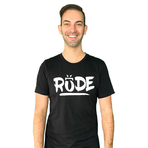 Brian Christopher Rude white logo on black crew neck T-shirt front
